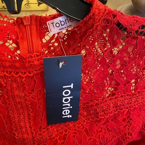 RED PEPLUM LACE RED BLOUSE SIZE M - Picture 4 of 8